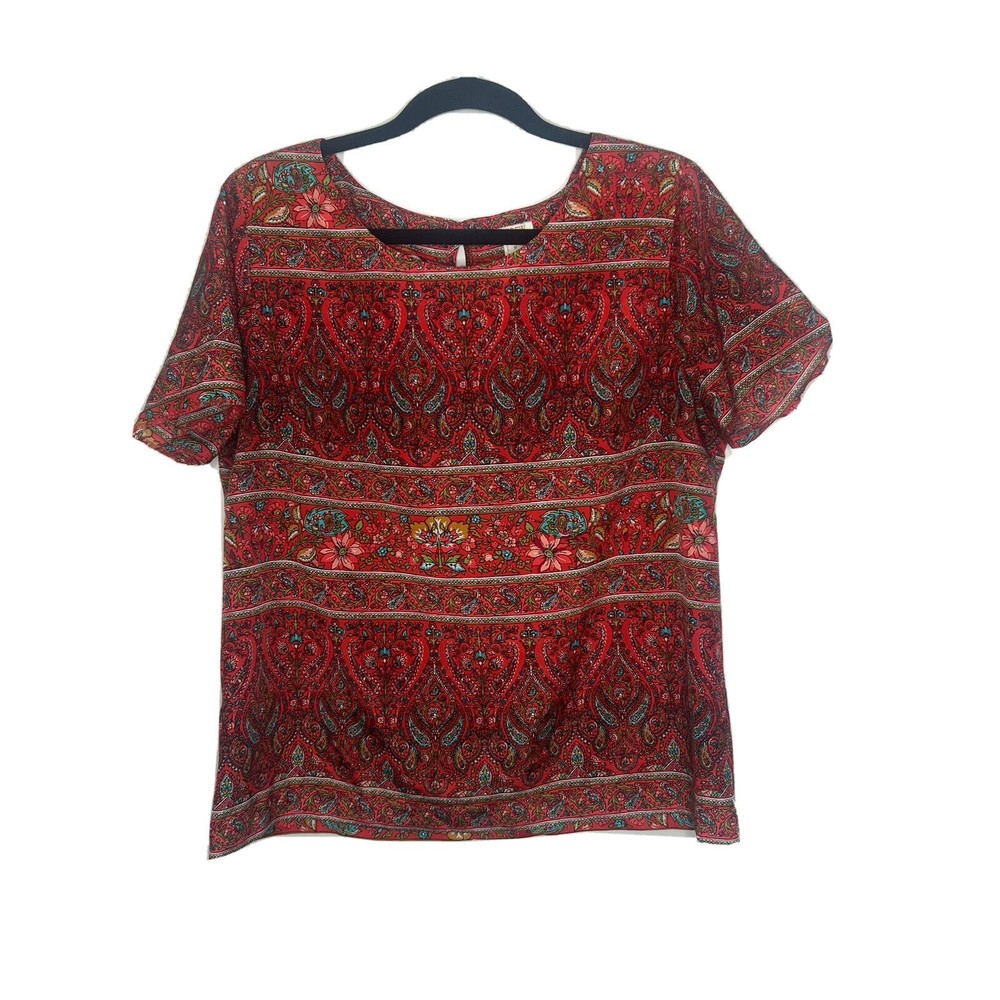 J. Crew Top Shirt Blouse Women's Medium Red Floral Print Short Sleeve